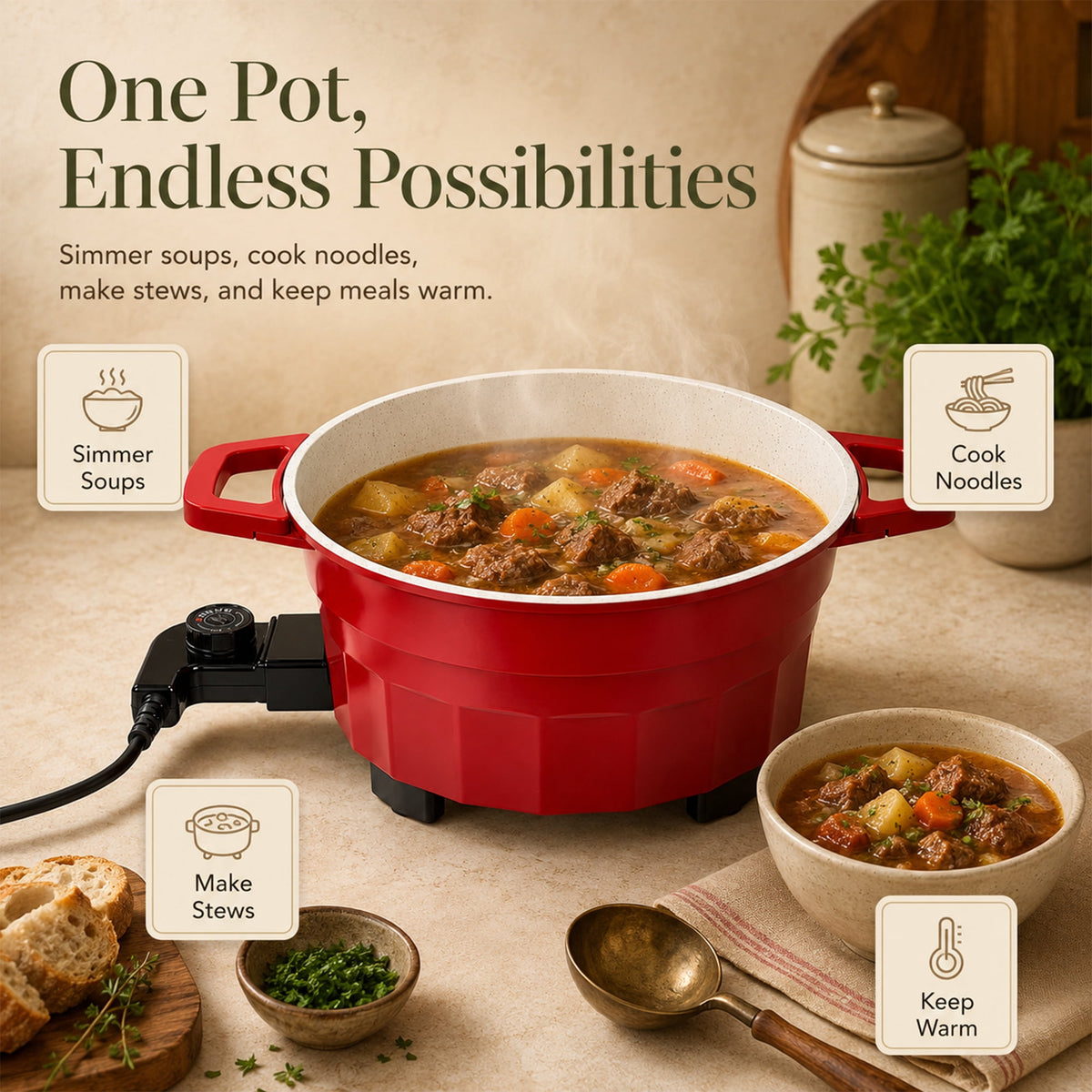 PRTYY Cauldron Dutch Oven, Vintage Enamel Electric Slow Cooker, 1400W Adjustable Temperature, Large-Capacity All-in-One Pot for Stewing, Frying , Red