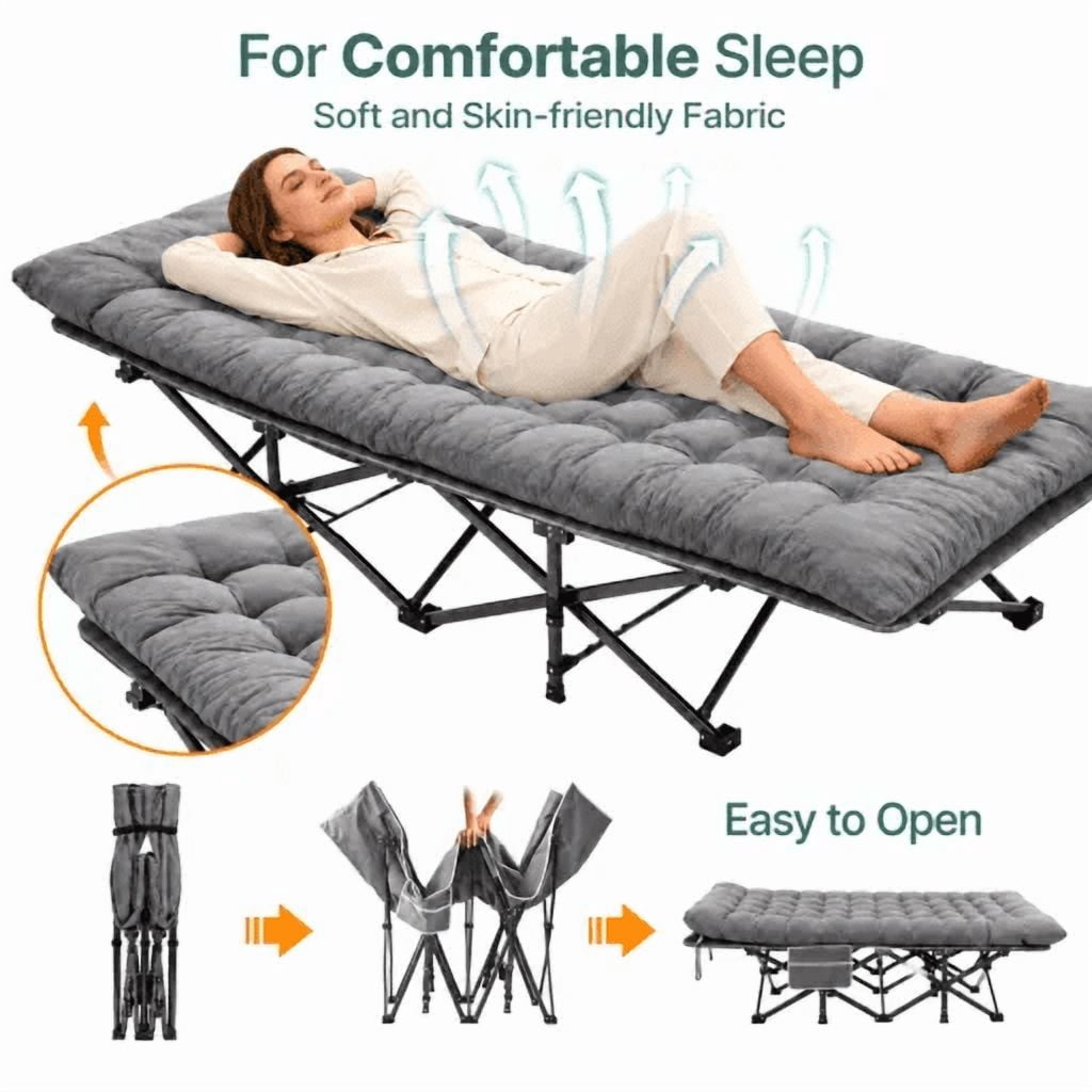 Folding Camping Cot with Padded Mattress and Carry Bag Grey