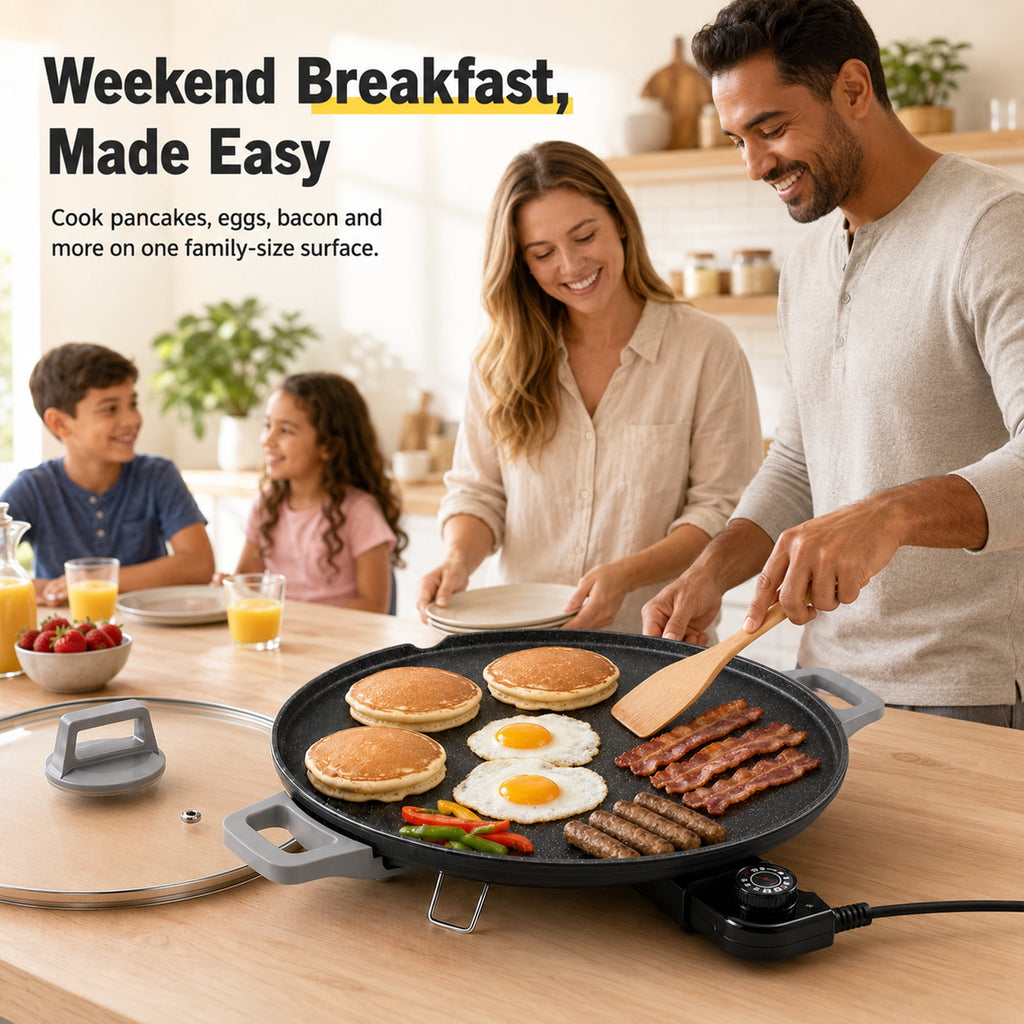PRTYY 20" Electric Griddle - Non-Stick Ceramic Coating,2500 W Griddle with Glass Lid, Kitchen Appliances