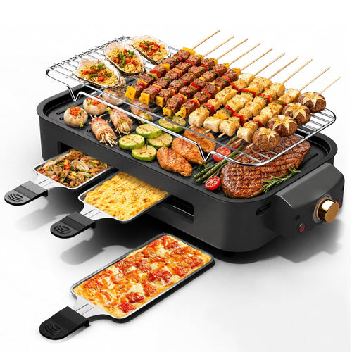 1500W Electric Indoor Grill with 3 Raclette Trays Black