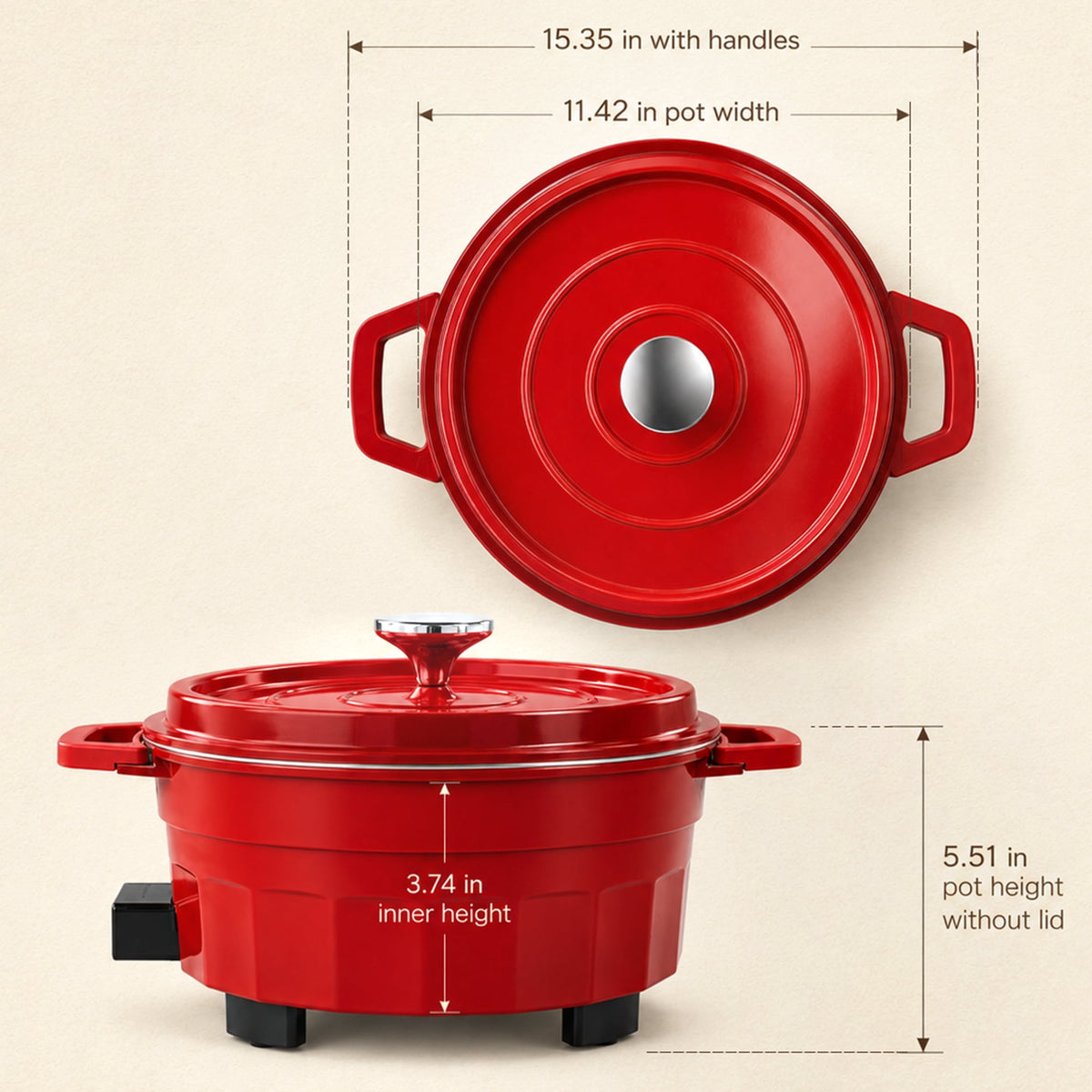 PRTYY Cauldron Dutch Oven, Vintage Enamel Electric Slow Cooker, 1400W Adjustable Temperature, Large-Capacity All-in-One Pot for Stewing, Frying , Red