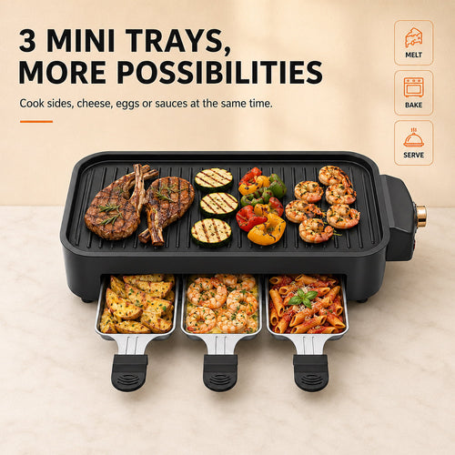 1500W Electric Indoor Grill with 3 Raclette Trays Black