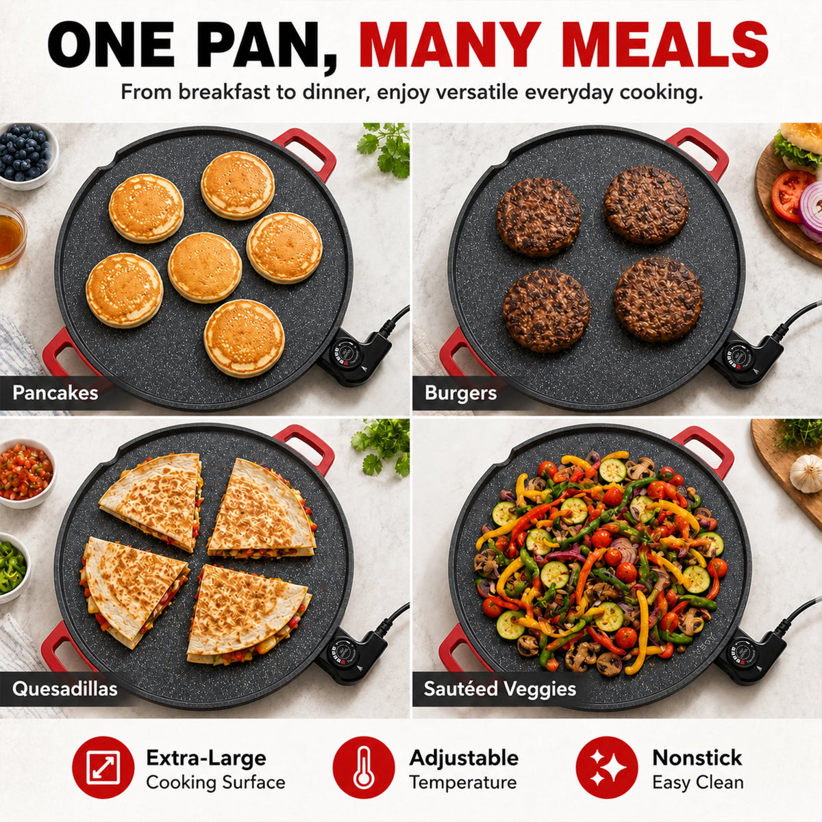 PRTYY 16-inch Electric Griddle, 2500W Non-Stick Grill and Griddle with Glass Lid, Kitchen Appliances