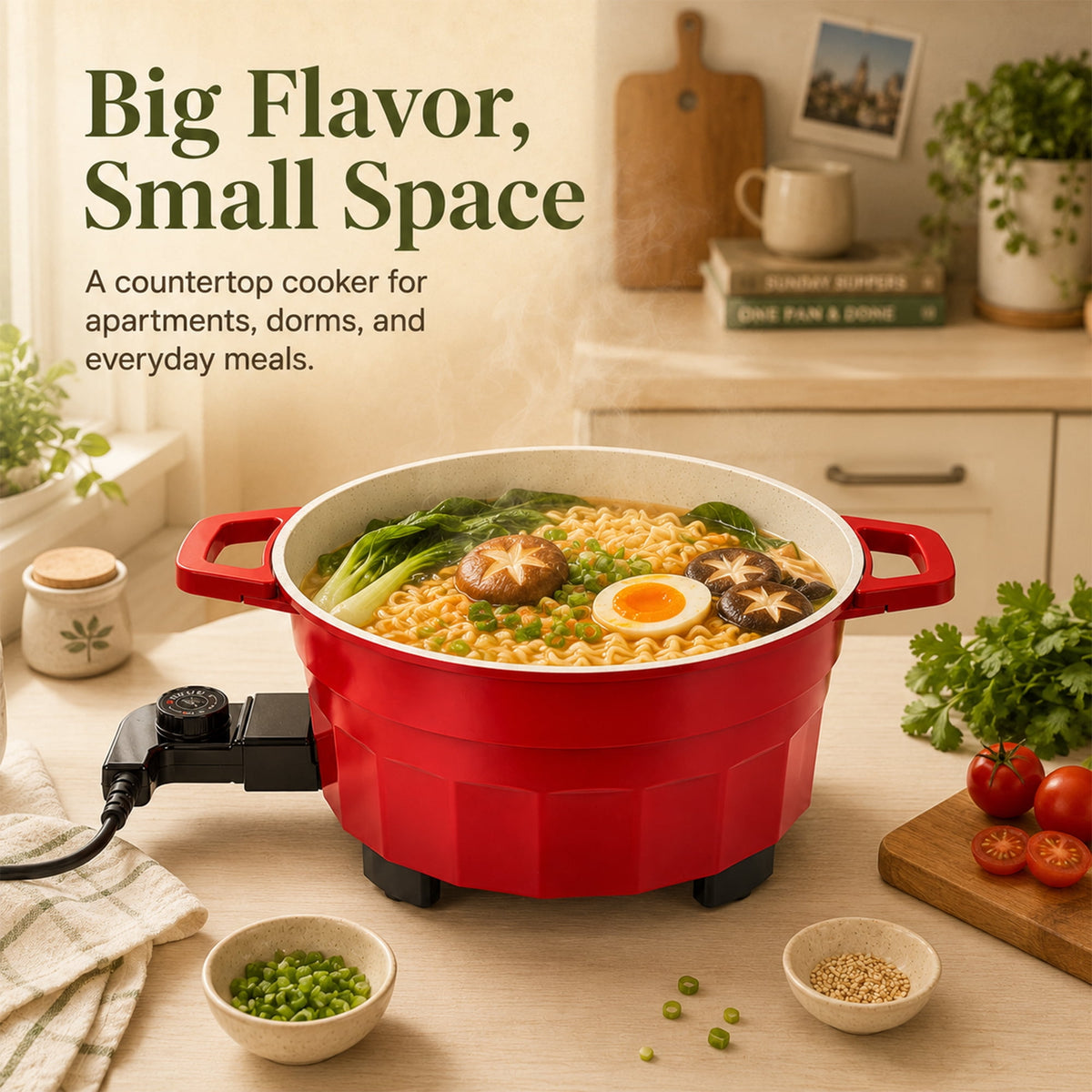 PRTYY Cauldron Dutch Oven, Vintage Enamel Electric Slow Cooker, 1400W Adjustable Temperature, Large-Capacity All-in-One Pot for Stewing, Frying , Red