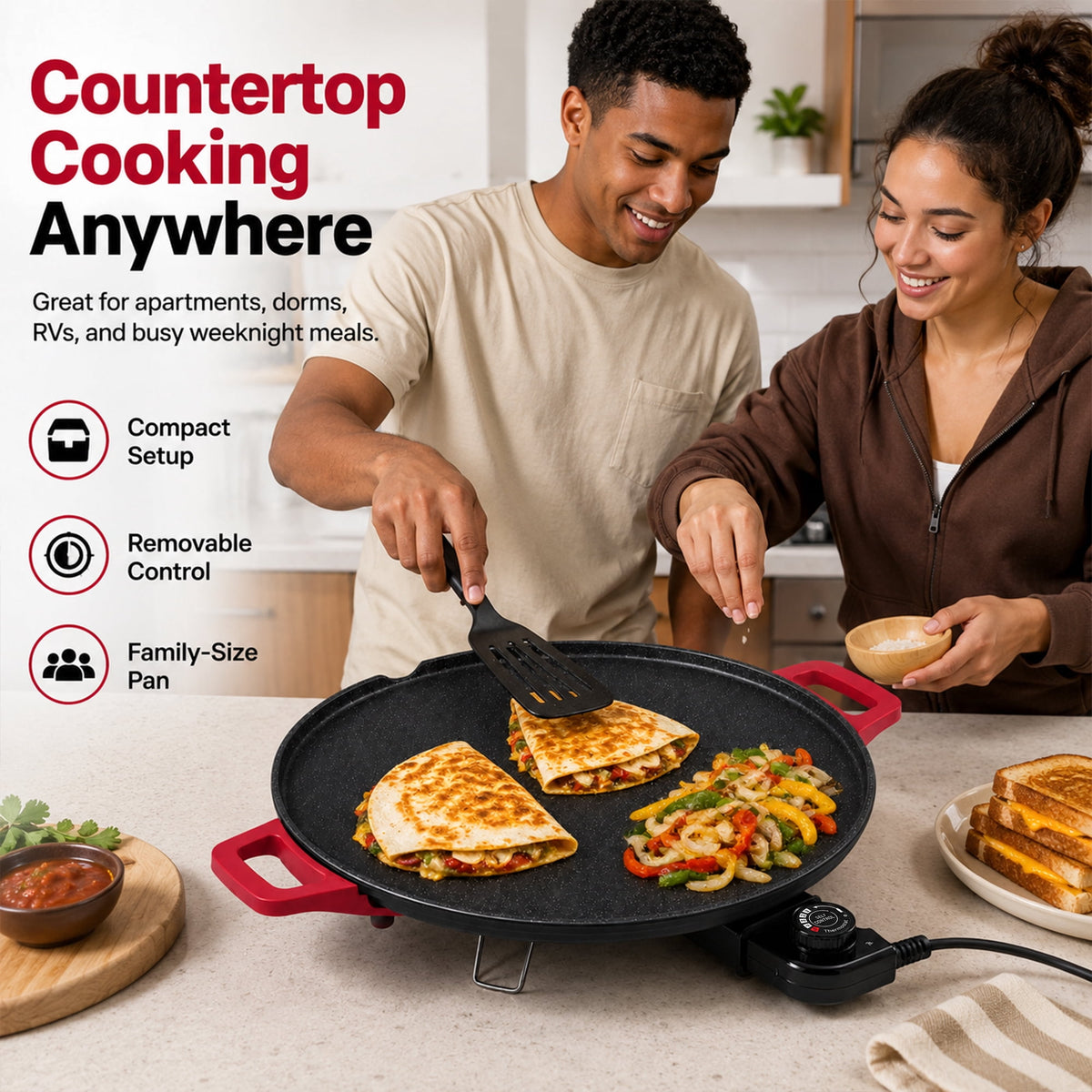 PRTYY 16-inch Electric Griddle, 2500W Non-Stick Grill and Griddle with Glass Lid, Kitchen Appliances