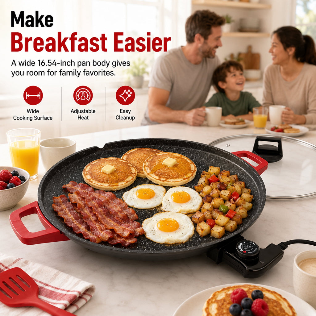 PRTYY 16-inch Electric Griddle, 2500W Non-Stick Grill and Griddle with Glass Lid, Kitchen Appliances