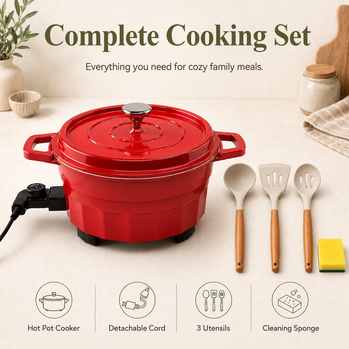PRTYY Cauldron Dutch Oven, Vintage Enamel Electric Slow Cooker, 1400W Adjustable Temperature, Large-Capacity All-in-One Pot for Stewing, Frying , Red