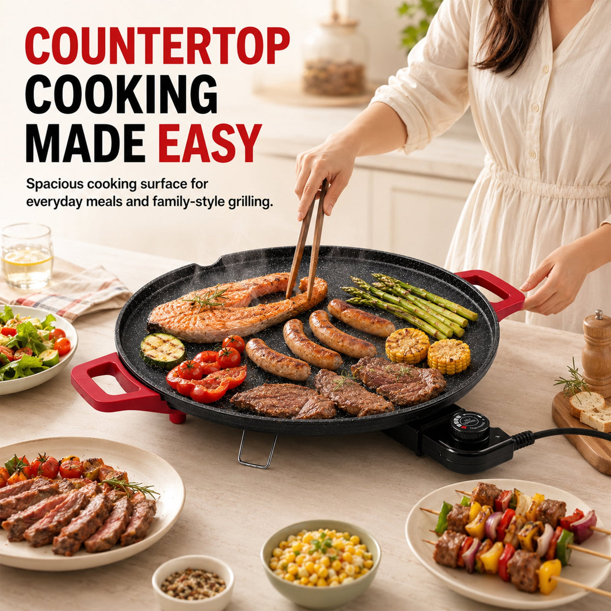 PRTYY 16-inch Electric Griddle, 2500W Non-Stick Grill and Griddle with Glass Lid, Kitchen Appliances