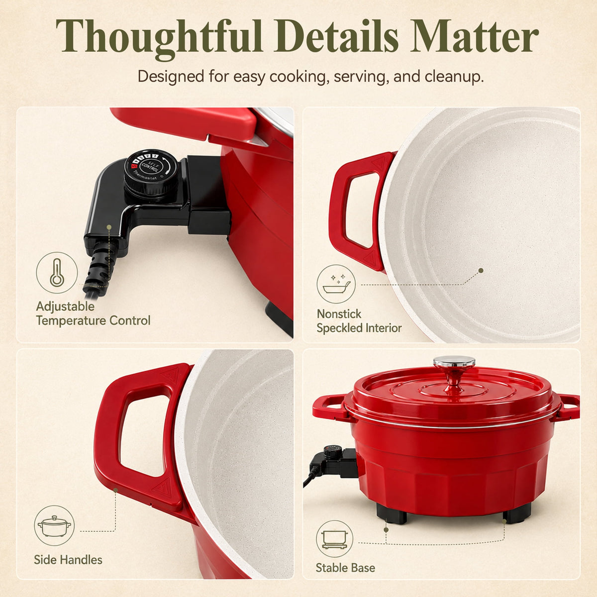 PRTYY Cauldron Dutch Oven, Vintage Enamel Electric Slow Cooker, 1400W Adjustable Temperature, Large-Capacity All-in-One Pot for Stewing, Frying , Red