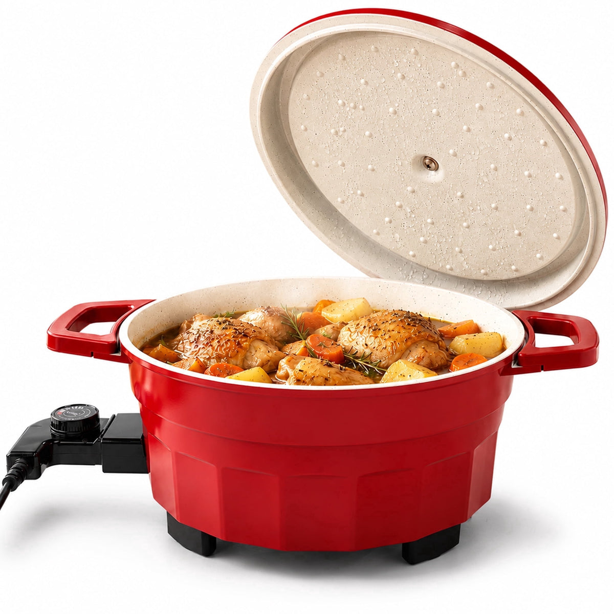 PRTYY Cauldron Dutch Oven, Vintage Enamel Electric Slow Cooker, 1400W Adjustable Temperature, Large-Capacity All-in-One Pot for Stewing, Frying , Red