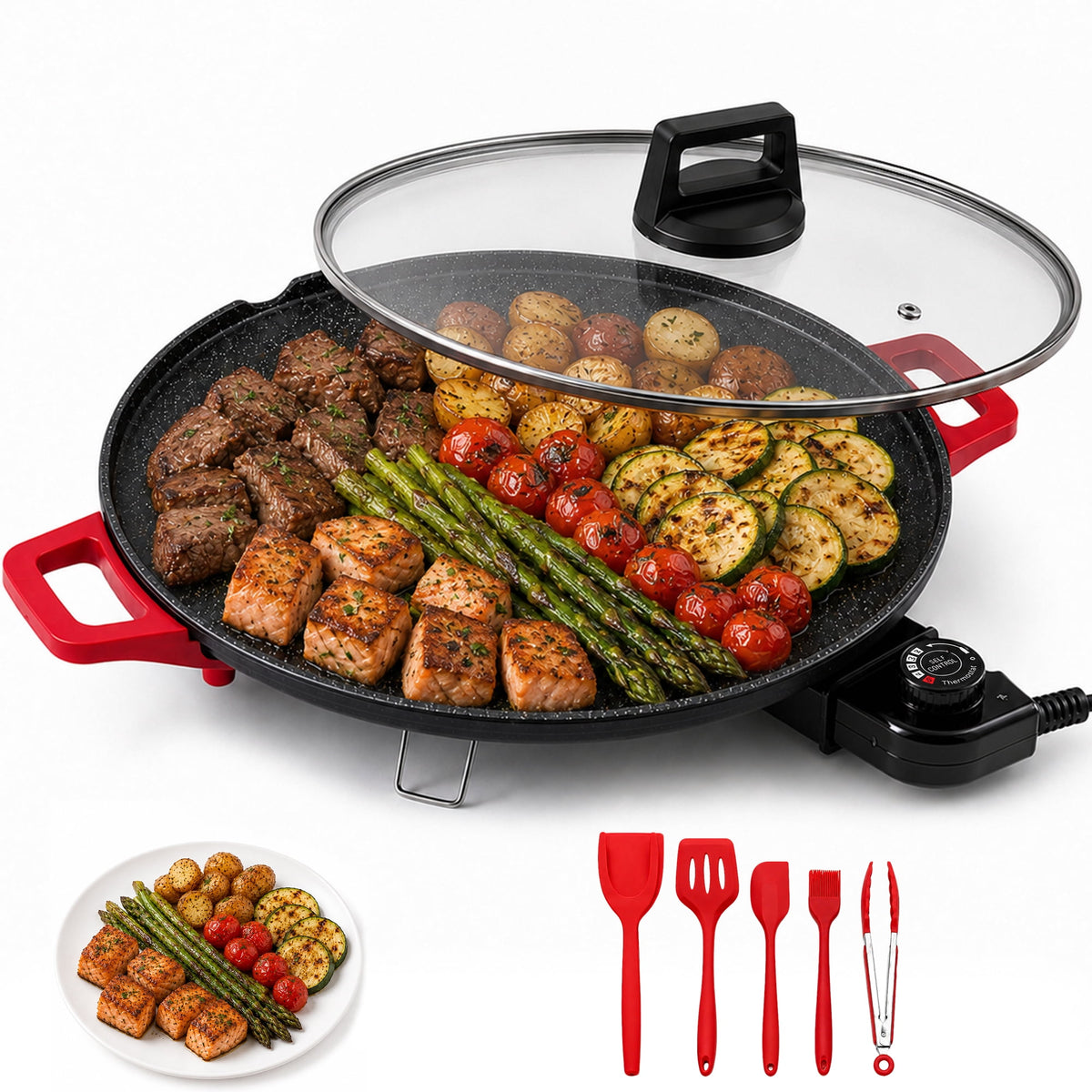 PRTYY 16-inch Electric Griddle, 2500W Non-Stick Grill and Griddle with Glass Lid, Kitchen Appliances