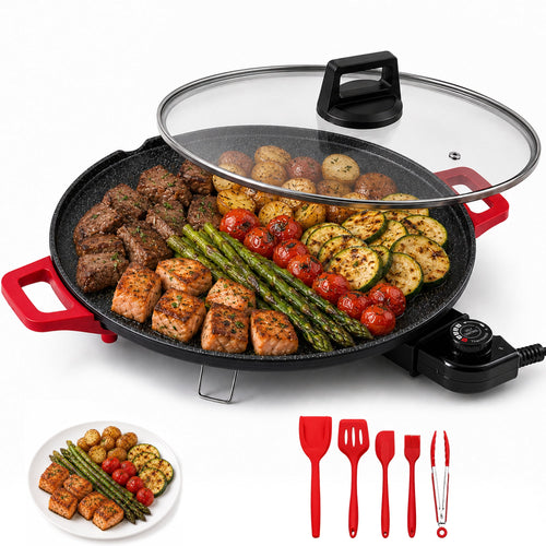 PRTYY 16-inch Electric Griddle, 2500W Non-Stick Grill and Griddle with Glass Lid, Kitchen Appliances