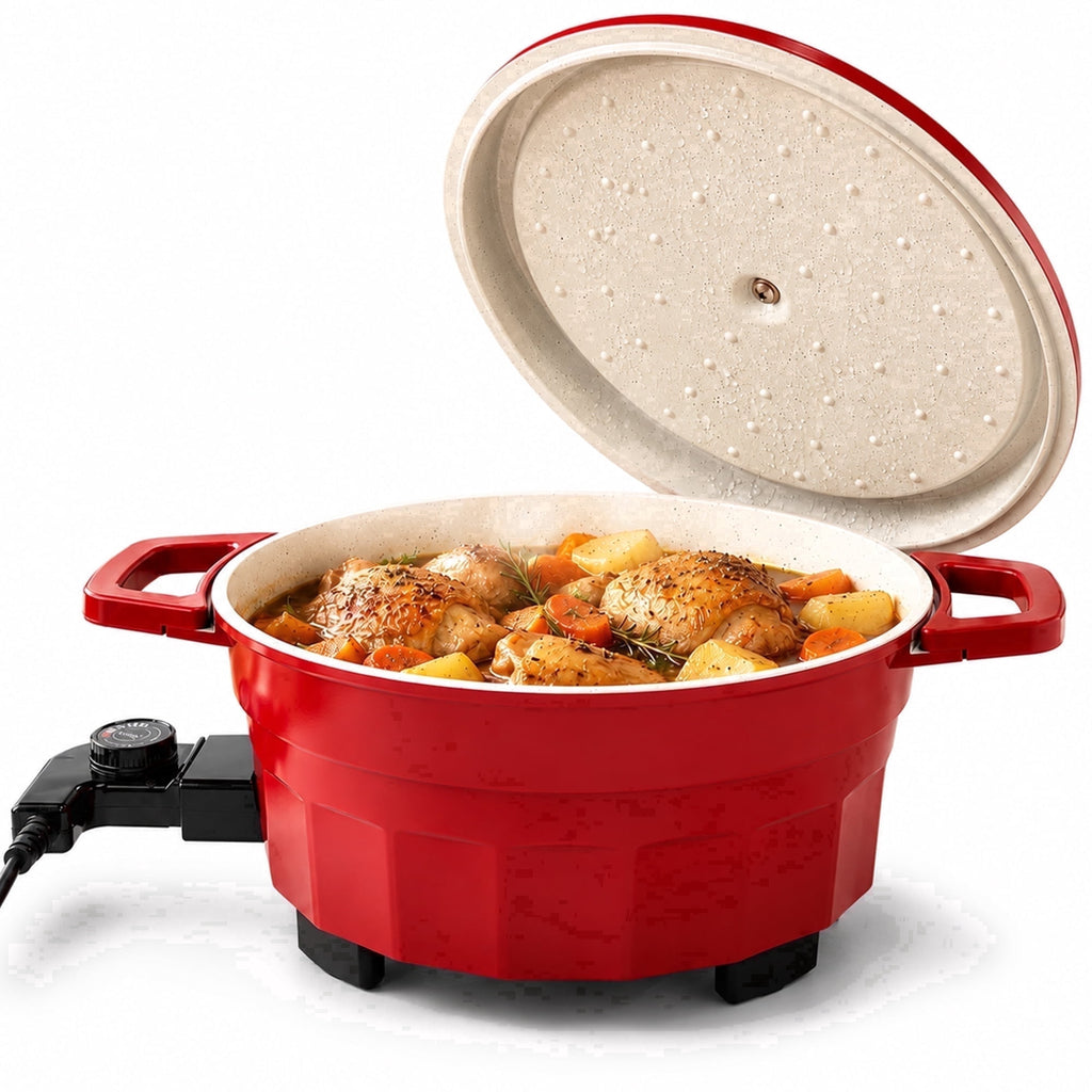 PRTYY Cauldron Dutch Oven, Vintage Enamel Electric Slow Cooker, 1400W Adjustable Temperature, Large-Capacity All-in-One Pot for Stewing, Frying , Red