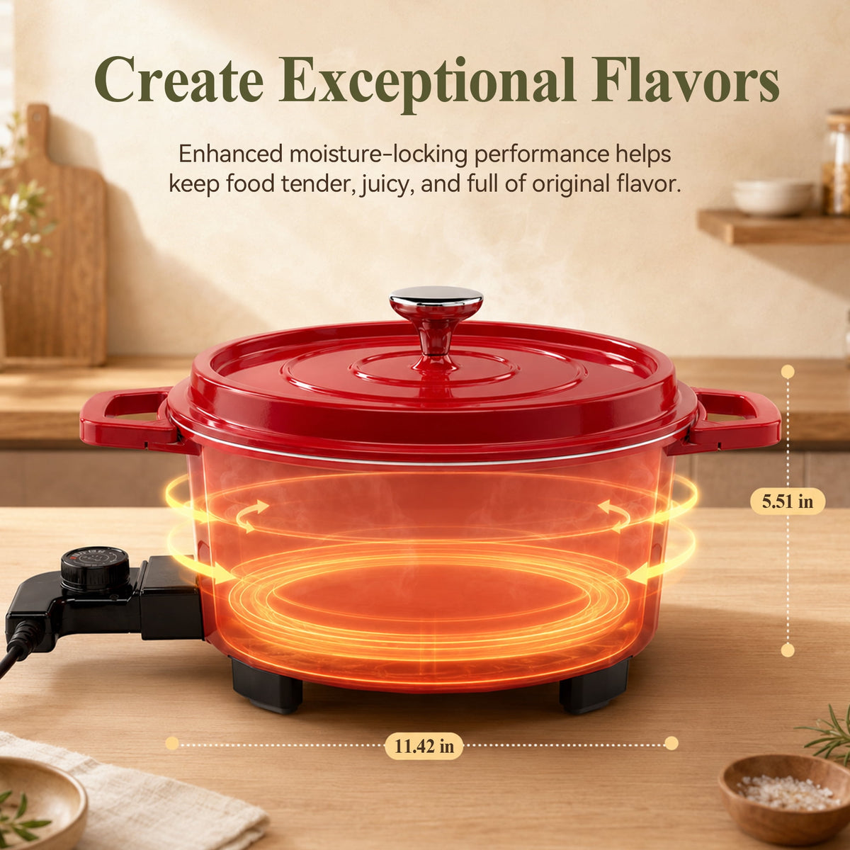 PRTYY Cauldron Dutch Oven, Vintage Enamel Electric Slow Cooker, 1400W Adjustable Temperature, Large-Capacity All-in-One Pot for Stewing, Frying , Red