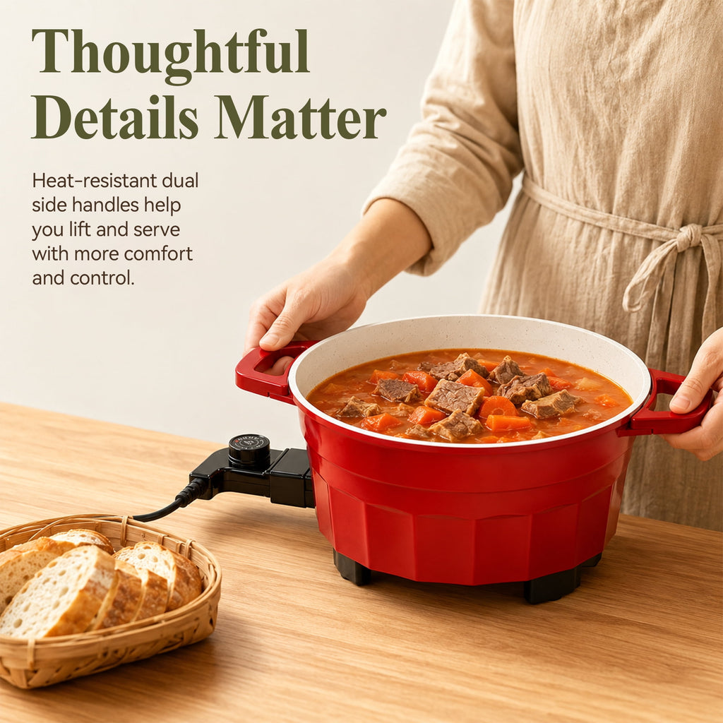 PRTYY Cauldron Dutch Oven, Vintage Enamel Electric Slow Cooker, 1400W Adjustable Temperature, Large-Capacity All-in-One Pot for Stewing, Frying , Red