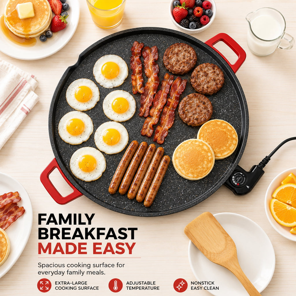 PRTYY 16-inch Electric Griddle, 2500W Non-Stick Grill and Griddle with Glass Lid, Kitchen Appliances