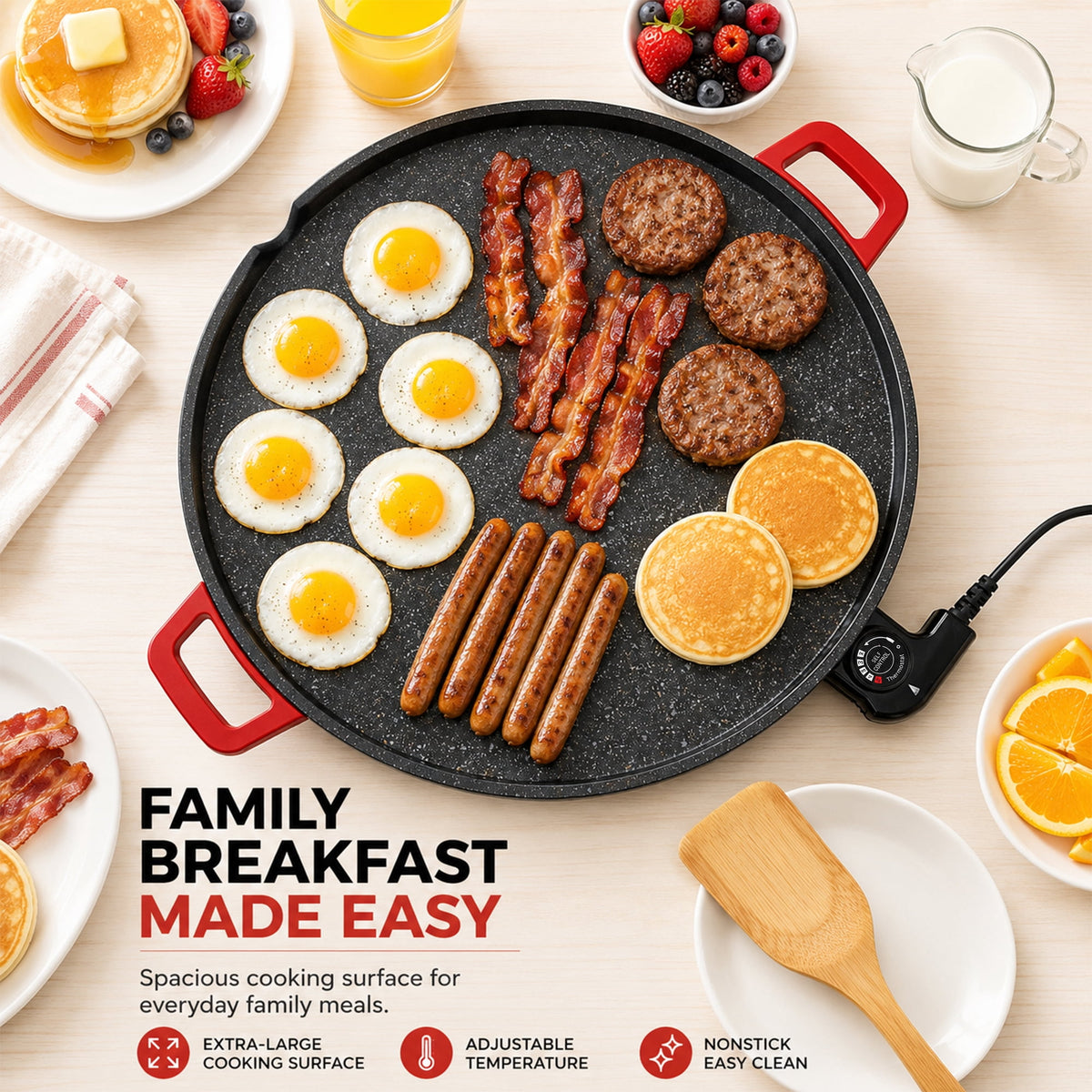 PRTYY 16-inch Electric Griddle, 2500W Non-Stick Grill and Griddle with Glass Lid, Kitchen Appliances