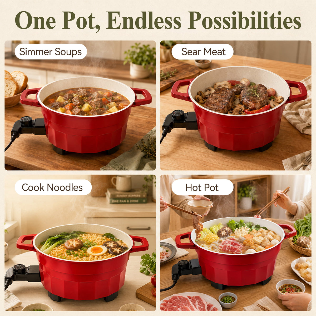 PRTYY Cauldron Dutch Oven, Vintage Enamel Electric Slow Cooker, 1400W Adjustable Temperature, Large-Capacity All-in-One Pot for Stewing, Frying , Red