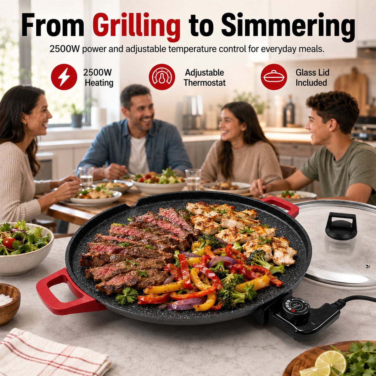 PRTYY 16-inch Electric Griddle, 2500W Non-Stick Grill and Griddle with Glass Lid, Kitchen Appliances