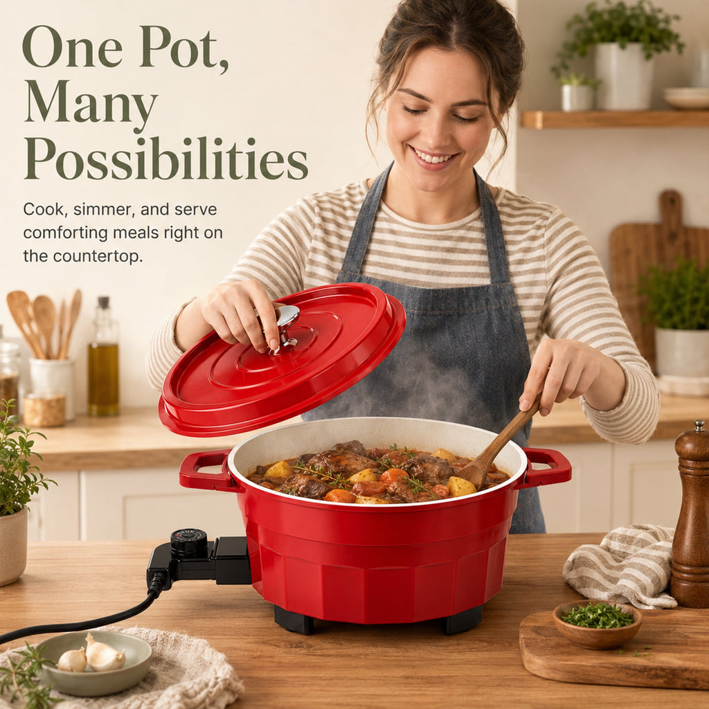 PRTYY Cauldron Dutch Oven, Vintage Enamel Electric Slow Cooker, 1400W Adjustable Temperature, Large-Capacity All-in-One Pot for Stewing, Frying , Red