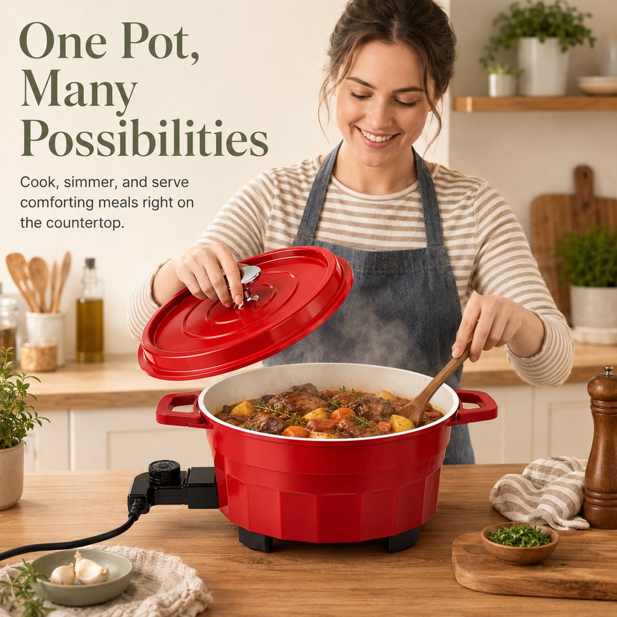 PRTYY Cauldron Dutch Oven, Vintage Enamel Electric Slow Cooker, 1400W Adjustable Temperature, Large-Capacity All-in-One Pot for Stewing, Frying , Red