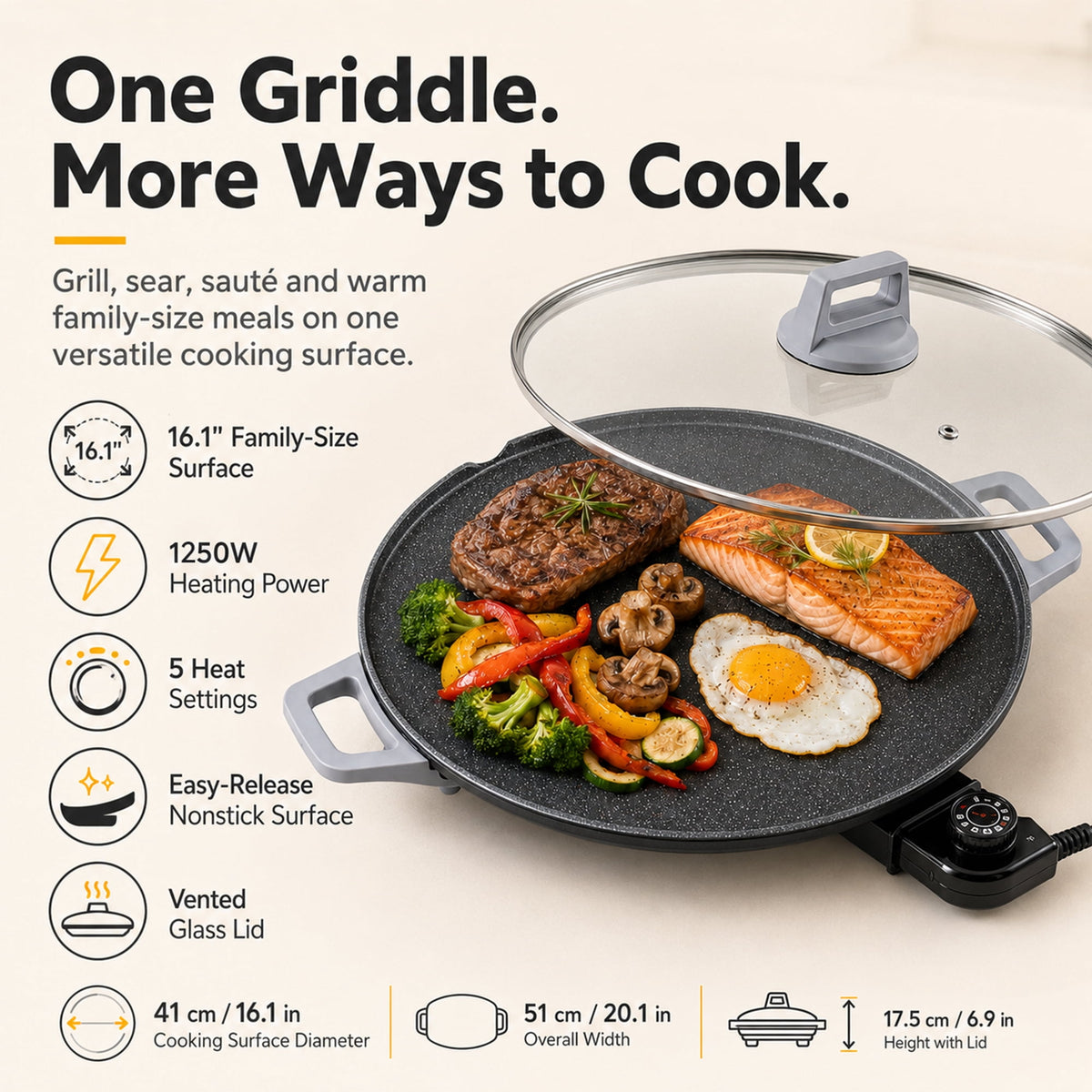 PRTYY 20" Electric Griddle - Non-Stick Ceramic Coating,2500 W Griddle with Glass Lid, Kitchen Appliances