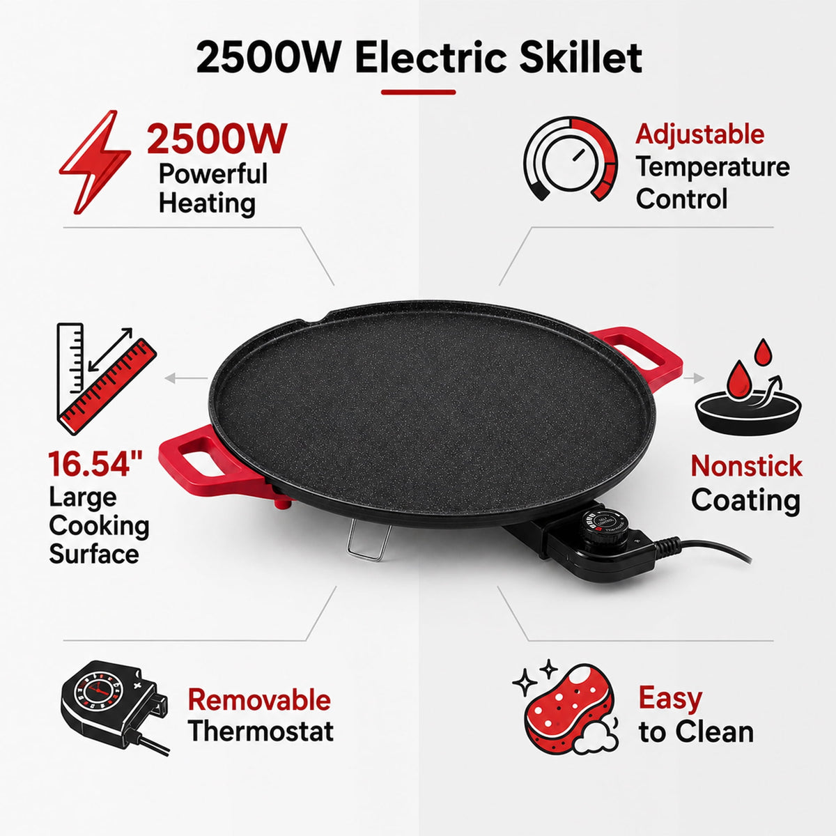 PRTYY 16-inch Electric Griddle, 2500W Non-Stick Grill and Griddle with Glass Lid, Kitchen Appliances